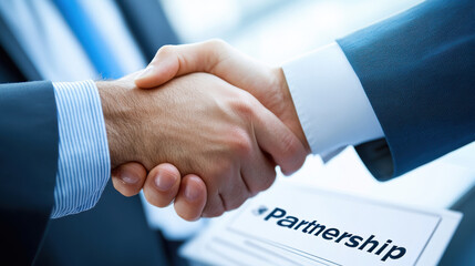handshake symbolizes strong partnership agreement, showcasing collaboration and mutual trust between two individuals. This moment captures essence of business relationships