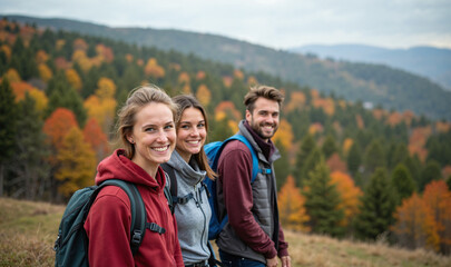 Hiking Illustration two women and a man, stand together in the mountains, surrounded by the colorful beauty of autumn.