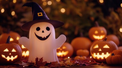 Friendly ghost with witch hat, surrounded by glowing pumpkins, festive scene