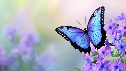 Naklejka premium A blue butterfly atop a purple flower against a hazy backdrop of purple blooms in the foreground, and a vague expanse of blue blossoms beyond