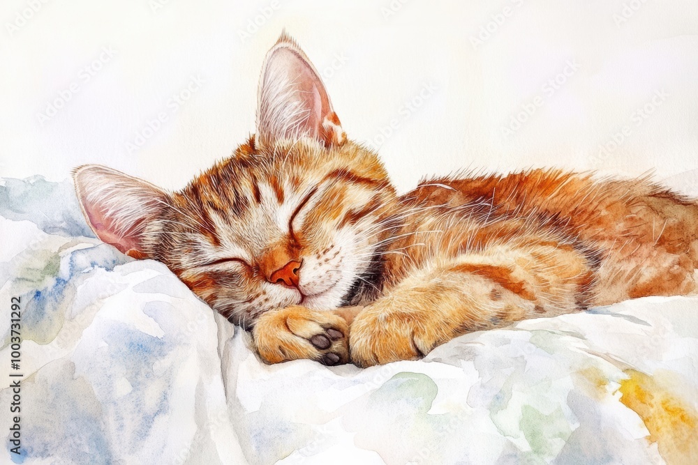 Poster a peaceful sleeping cat on a cozy bedspread, resting on a soft white fabric in a serene indoor setti