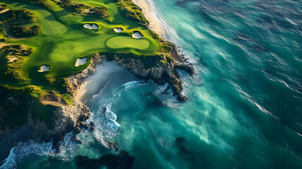 Fototapeta premium Oceanside Golf Course Aerial View: Green Grass, Blue Water