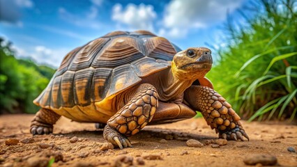 Obraz premium An elongated tortoise Indotestudo elongata photographed from a low angle in its natural habitat, wild, forest, low angle, Southeast Asia, species, tortoise, tropical