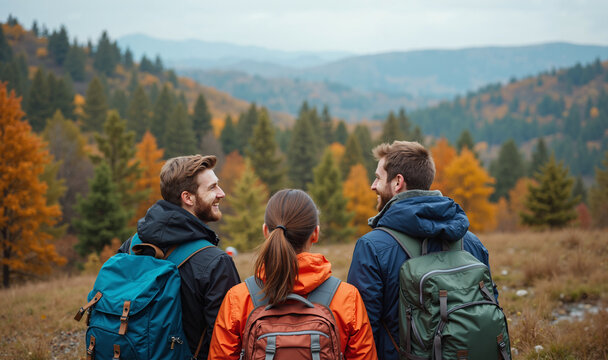 Three friends, a man and two women, stand with their backs to the camera, taking in the breathtaking view of the mountains during their autumn hike. The vibrant fall foliage creates a picturesque scen