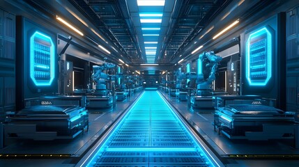 Obraz premium Advanced food processing plant with autonomous robots inspecting conveyor belts, sleek modern design, glowing blue lights, high-tech industrial vibe, cyberpunk, 3D render