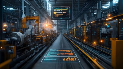 Ultra-modern factory floor, digital interface floating in the air, vibrant quality control charts and graphs, multiple production lines in the background