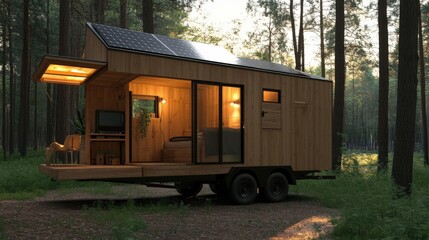 A tiny house on wheels designed for off-grid living, complete with solar panels and a rainwater collection system