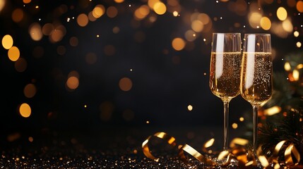 Festive champagne glasses with shimmering bokeh background, perfect for celebrations and elegant occasions.