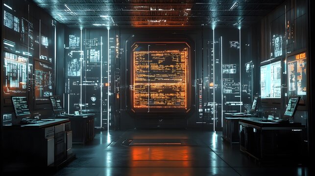 Advanced food inspection facility, AI-powered bots scanning every item with precision, surrounded by cold steel walls and digital readouts