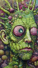 Fototapeta premium A man's face surrounded by various plants; his eyes gaze widely