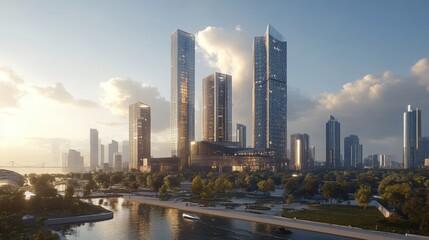 Obraz premium An architectural visualization of a cityscape where multiple buildings feature parametric design elements