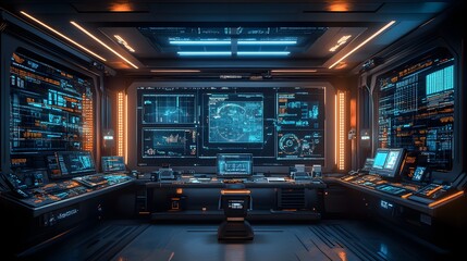 Obraz premium Futuristic food production monitoring room, holograms with data floating around, operators controlling quality systems, sleek sci-fi equipment