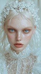  A woman in a white dress with a blue-eyed gaze wears a tiara adorned with pearls
