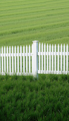 "Peaceful White Picket Fence in Green Field Under Clear Blue Sky – Idyllic Countryside Landscape for Property, Gardening, and Rural Living Concepts"