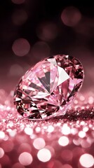 Fototapeta premium A pink diamond, tightly focused, against a uniform pink backdrop Background features a softly blurred expanse of lights