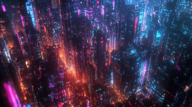 3D glow effect of a glowing, futuristic cityscape with vibrant lights and intricate, detailed
