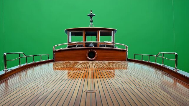 Luxury yacht bow with wooden deck and railing on green screen background, perfect for replacing the background and creating amazing visuals