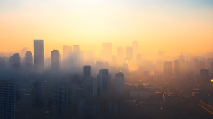 Obraz premium a city skyline during what appears to be either sunrise or sunset. The buildings are silhouetted against a sky that transitions from a soft orange near the horizon to a pale blue higher up.