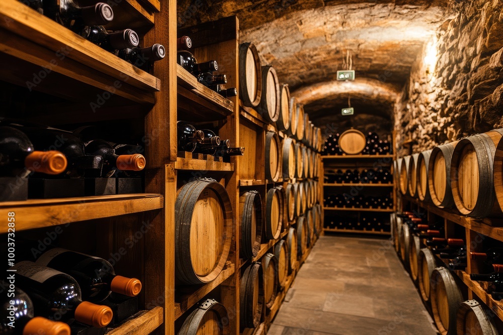 Poster explore a rustic wine cellar with wooden barrels and shelves of fine wine bottles in a cozy stone en
