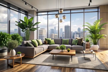 Fototapeta premium Spacious modern living room with sleek grey sofa, large windows, and a minimalist coffee table surrounded by a lush green indoor plants and city skyline view.