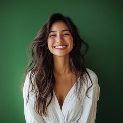 A cheerful and smiling beautiful woman stands against a green background