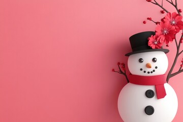 3D white snowman with a black hat and red scarf, red flowers on its head, elegant background
