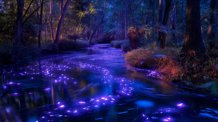 A magical forest of glowing bioluminescent trees with deep blue and purple leaves