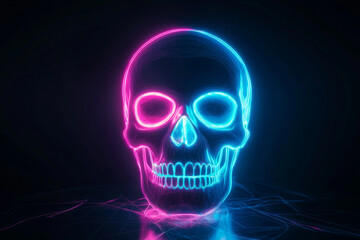 A neon-lit skull illustration with vibrant blue and pink colors, creating a striking visual effect.
