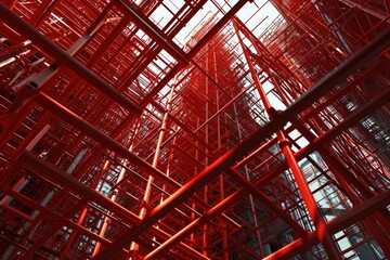 3D Red Scaffolding in Construction Site. Computer Graphic Illustration of Cut-Out Wood Shapes for Construction Industry Development.