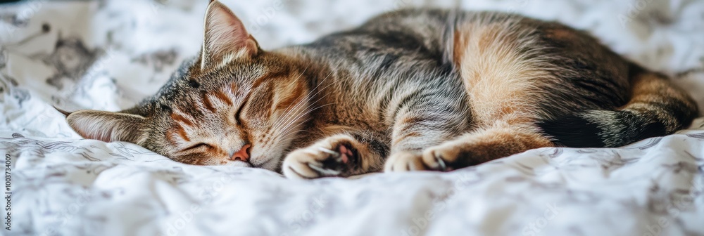 Aufkleber a cozy cat peacefully sleeping on a soft bedspread in a serene white setting. generative ai