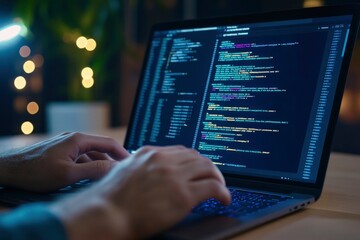 A person coding on their laptop, with the screen showing colorful lines of code and an interactive interface.