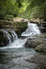 Fototapeta premium River goes like stair from the beautiful shape rocks, hidden in the forest, in Manyueyuan Forest Recreation Area, New Taipei City, Taiwan.