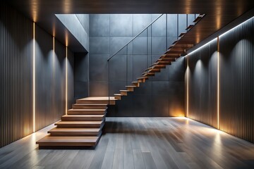 Obraz premium Dark minimalistic room with sleek staircase ascending to unknown depths, showcasing chic simplicity in a modern, empty, and futuristically designed architectural space.