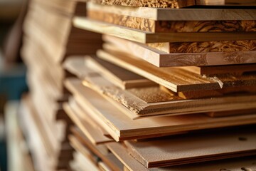 Fototapeta premium Abstract Veneer Stack: Random Wooden Texture Sheets Arrangement
