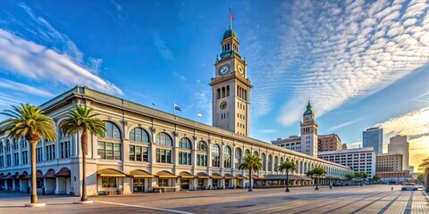 waterfront, transportation infrastructure, blue sky, urban, iconic, harbor, transportation, Rear view of the Ferry Building in downtown San Francisco port with a low angle perspective