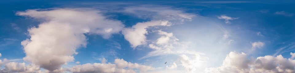 Sunset sky with bright glowing pink Cumulus clouds. Seamless spherical HDR 360 panorama. Full zenith or sky dome in 3D, sky replacement for aerial drone panoramas. Climate and weather change.