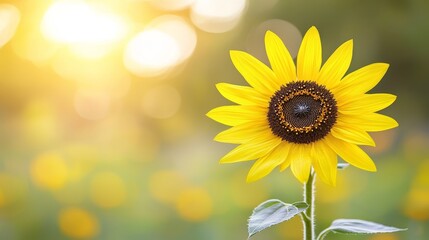 Obraz premium A sunflower, its yellow face almost filling the frame, blooms in a field Sun rays illuminate the surrounding grass and trees in the backdrop
