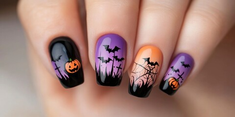 A hand with purple and black nails with a spider web design and a bat design. The nails are painted in a gradient of purple and black