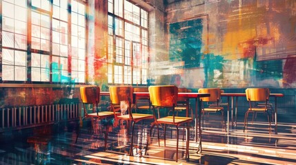 Artificial Intelligence-Enhanced Classroom Collage: Abstract Illustration of Urbanized School Concept for Learning Kids