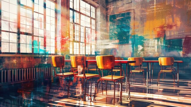 Artificial Intelligence-Enhanced Classroom Collage: Abstract Illustration of Urbanized School Concept for Learning Kids