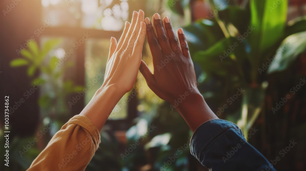 Aufkleber image captures two hands reaching out to each other, symbolizing connection and unity amidst lush gr