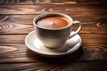 Obraz premium hot drink, cocoa, warm, chocolatey, winter, art, wooden, whipped cream, table, frothy, A close up shot of a beautifully crafted cup of hot chocolate on a saucer placed on a wooden table