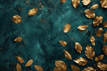 Elegant Gold Leaves on Teal Background