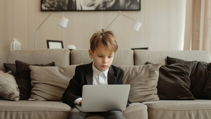 Young boy in business attire sits on the sofa, using his laptop to write an online post. home study schooling. Young Entrepreneur in a suit, modern childhood ambition and digital literacy.