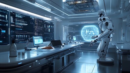 A sleek futuristic lab filled with robots and AI systems conducting food quality tests, robotic arms analyzing food samples with precision, glowing holographic data displays
