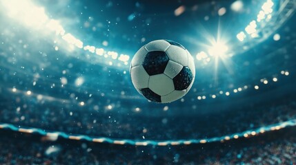 Naklejka premium A soccer ball floating in a stadium with bright lights and an excited crowd.