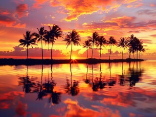 Obraz premium Stunning Sunset Over Palm Trees by the Water