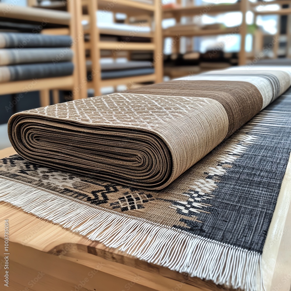 Poster rolled fabric with intricate patterns on wooden shelf.