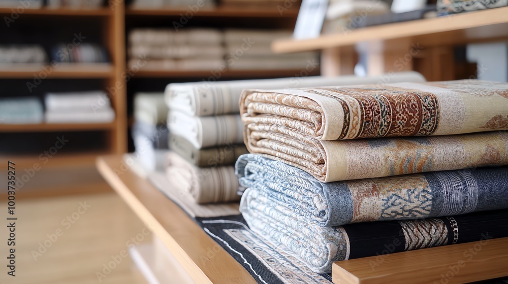 Poster folded textiles on display shelves in a store