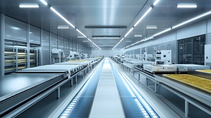 Fototapeta premium A vast food production facility, showcasing robotics and AI ensuring perfect quality in every process, from packaging to preparation